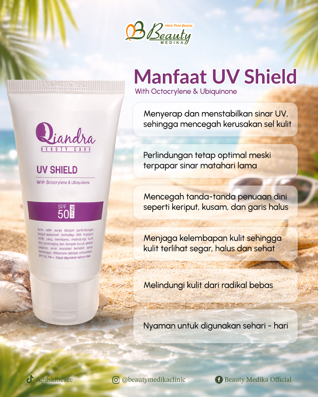 Qiandra UV Shield SPF 50 PA++ produk skincare Beauty Medika Malang